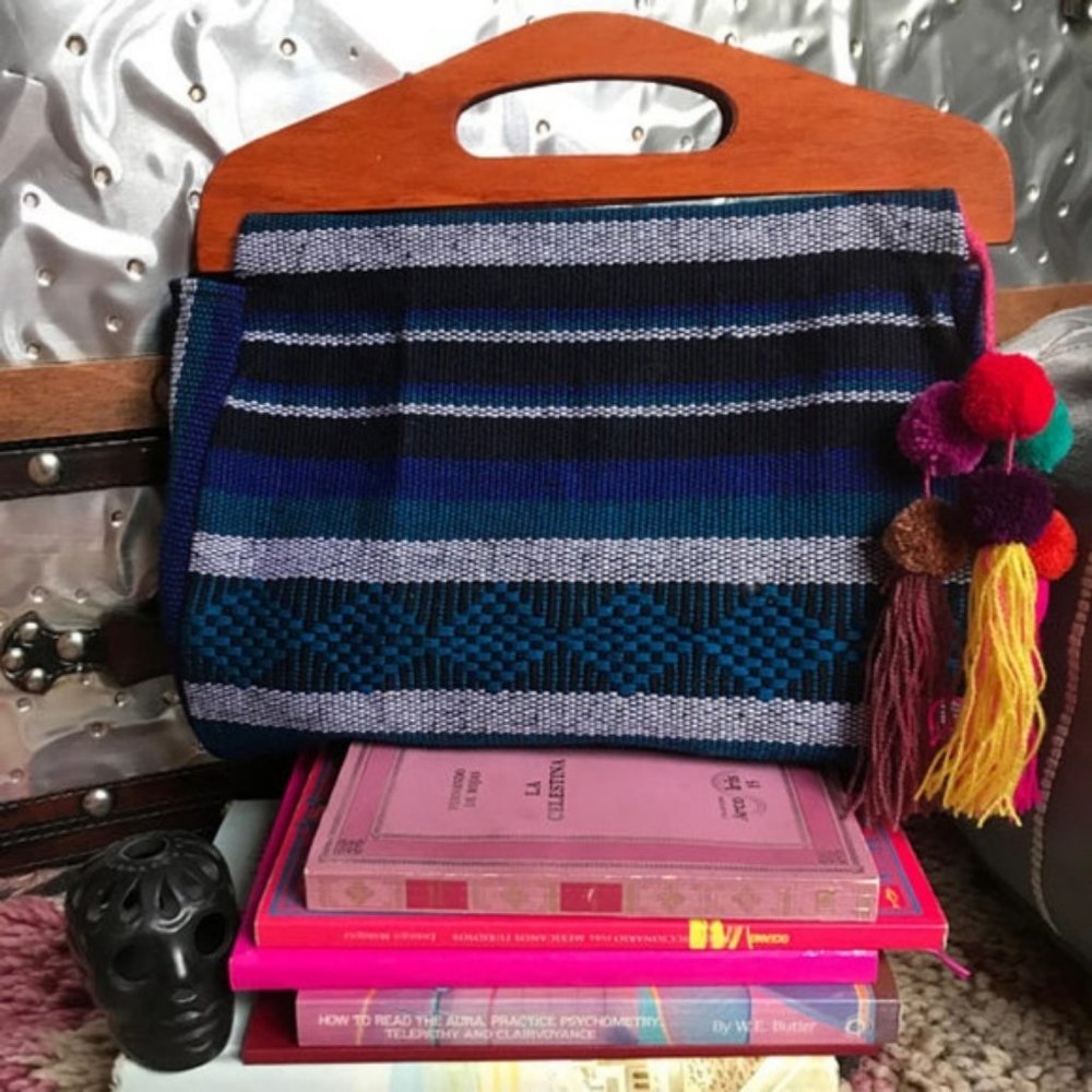Foldover Fabric Wood Clutch Mexican Textile Vintag